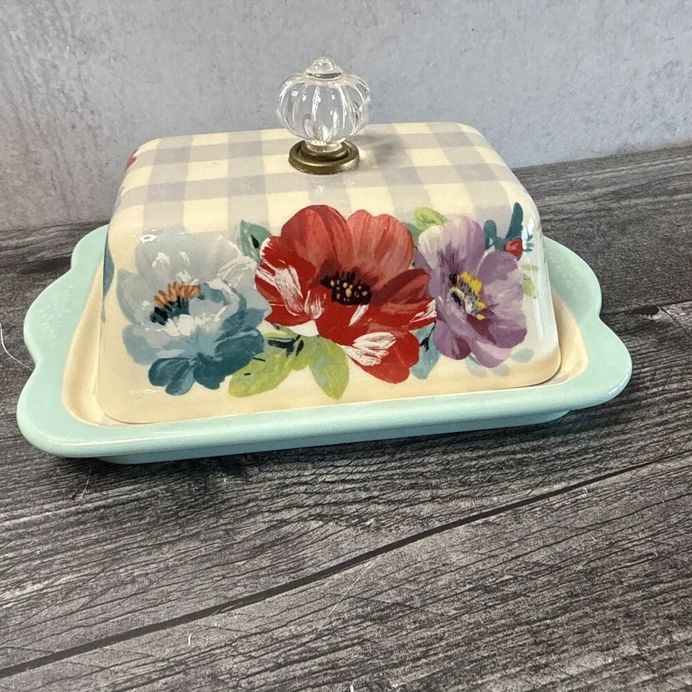 THE PIONEER WOMEN DOUBLE STICK CERAMIC BUTTER DISH SWEET ROMANCE BLOSSOMS